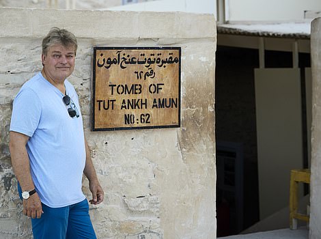 Lord Carnarvon outside Tutankhamun's tomb during his latest trip to Egypt on a river cruise