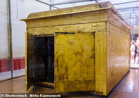 Tutankhamun's golden mask, jewellery and sarcophagi remain housed in the Egyptian Museum in Cairo. Pictured above is the outer golden shrine of Tutankhamun's burial chamber, on display in the museum